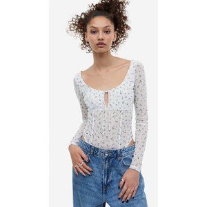 H&M Divided Mesh Thong Bodysuit (Size XL) Cream Ditsy Floral Long Sleeve Knotted